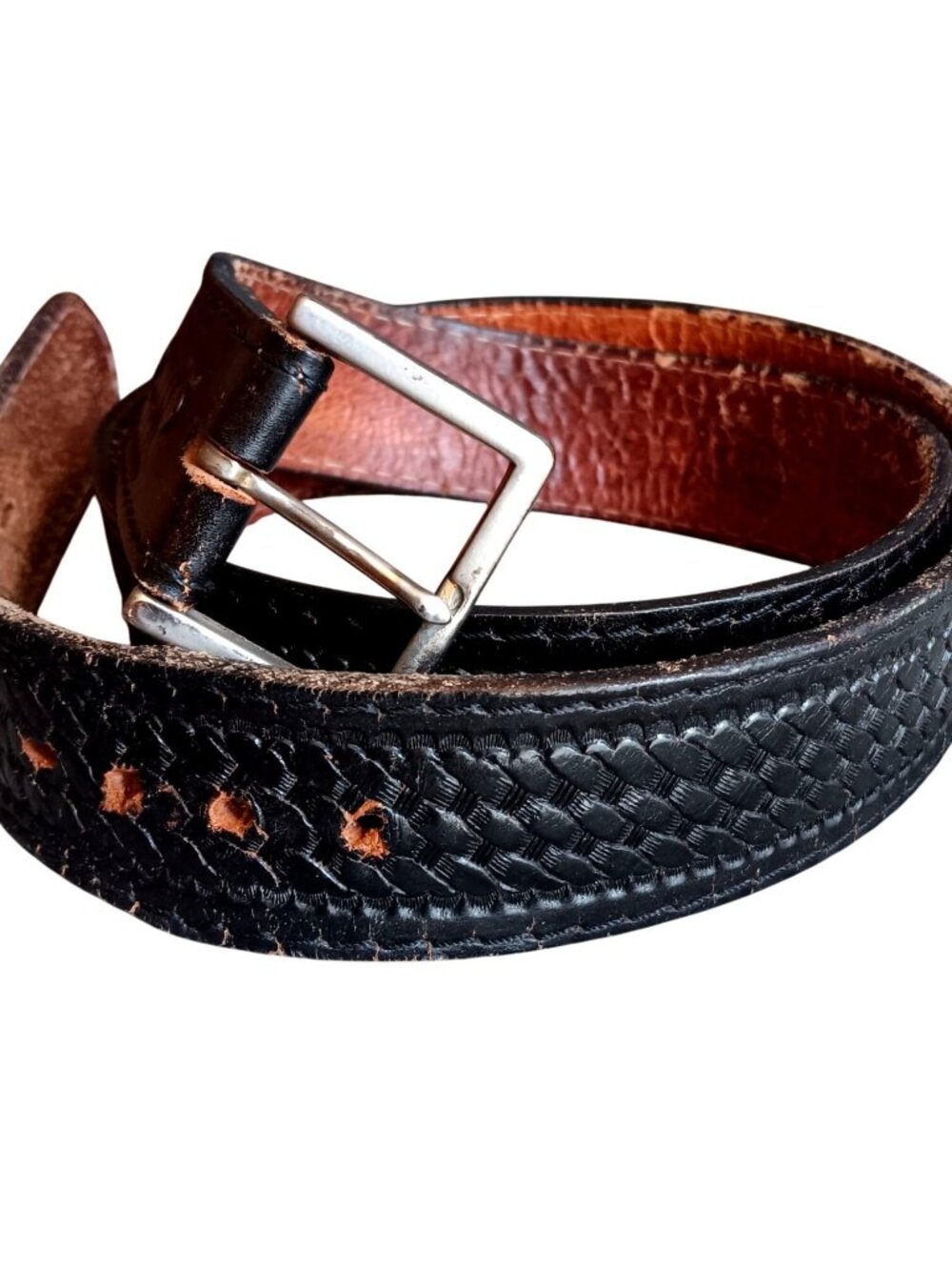 True Vintage Belt 42 Black Basket Duty Tooled Leather Lyntone Made USA Cowhide